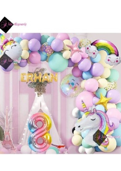 5 Harfli Yaş Gökkuşağı Konsepti Unicorn Temalı Makaron Balon Doğum Günü Parti Kutlama Seti