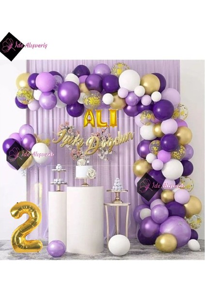 3 Harf Isimli ve Yaş Folyolu Macaron Mor Balon Zinciri Seti Gölge Mor Altın Balon Dekorasyon