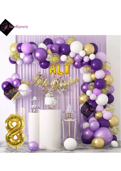 3 Harf Isimli ve Yaş Folyolu Macaron Mor Balon Zinciri Seti Gölge Mor Altın Balon Dekorasyon