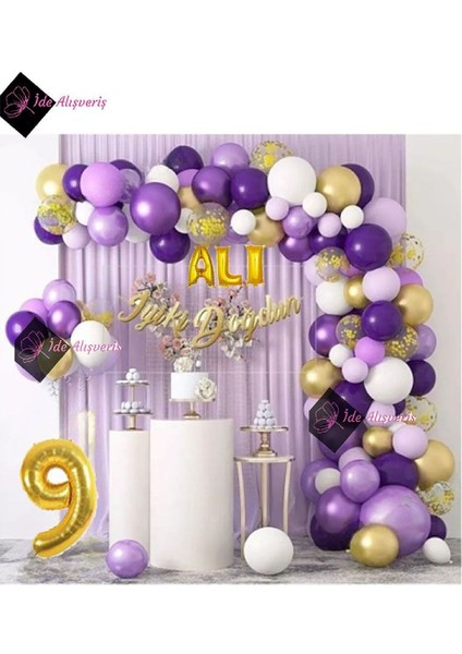 3 Harf Isimli ve Yaş Folyolu Macaron Mor Balon Zinciri Seti Gölge Mor Altın Balon Dekorasyon