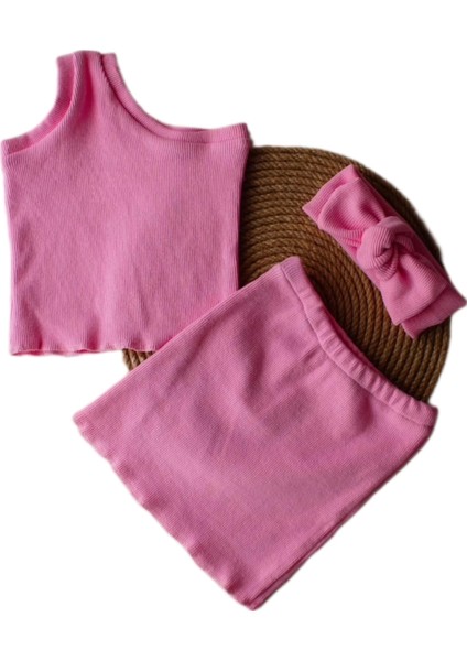 Kız Çocuk Tek Omuz Crop Etekli Takım - Pembe Bandanalı Set fiyatları