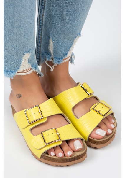 Croco - Hb Kadın Hakiki Deri Çift Tokalı Crocodile Sarı Terlik modelleri