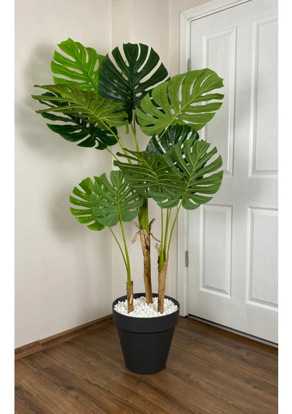 Yapay Ağaç Monstera Bambu Gövdeli 150CM Devetabanı Ağacı Büyük Boy Antrasit Renk Yalı Saksıda