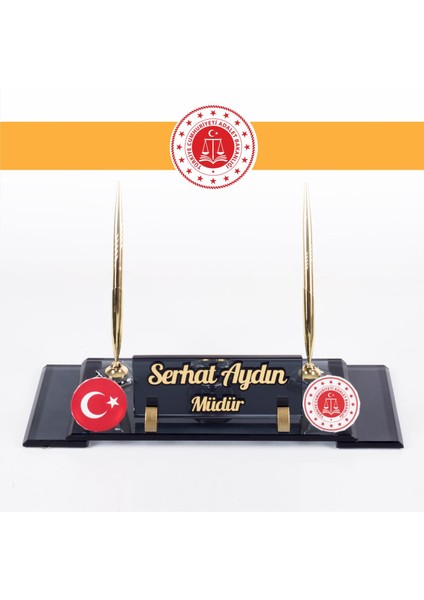 Adalet Bakanlığı Logolu Türk Bayraklı Masa Isimliği Bayrak Logolu Elit Kristal Ofis Masaüstü Isimlik