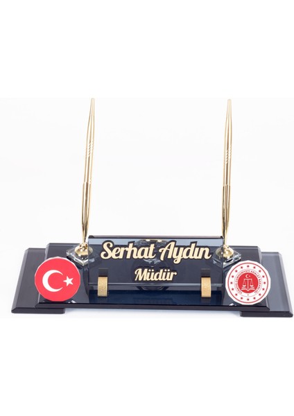 Adalet Bakanlığı Logolu Türk Bayraklı Masa Isimliği Bayrak Logolu Elit Kristal Ofis Masaüstü Isimlik