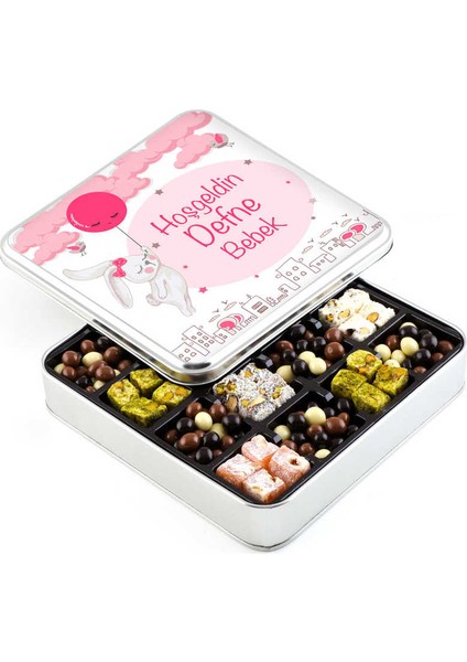 Kız Bebek Hediyesi Kahve Draje + Çifte Kavrulmuş Lokum (Metal Kutu)