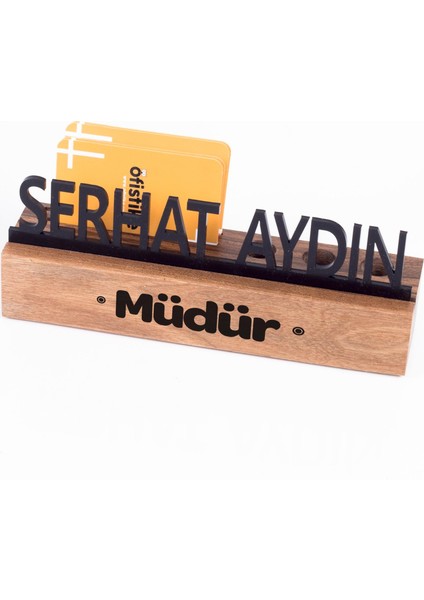 Masif Kayın Ahşap Kartvizitlik ve Kalemlikli Masaüstü Isimlik Standı Siyah Akrilik Masa Isimliği