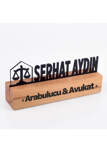 Avukatlara Özel Masif Kayın Ahşap Masaüstü Isimlik Standı Siyah Akrilik Masa Isimliği