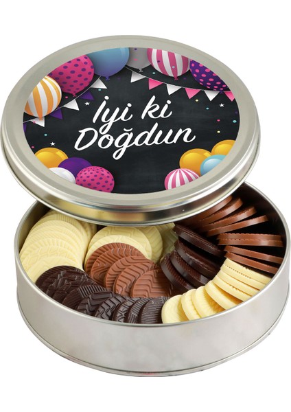 Doğum Günü Hediyesi Yuvarlak Madlen Çikolata (Metal Yuvarlak Kutu) - Renkli Balonlu
