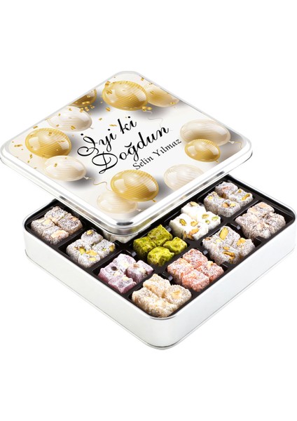 Doğum Günü Hediyesi Karışık Çifte Kavrulmuş Lokum (Metal Kutu) - Gold Balonlu