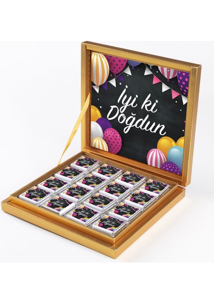 Doğum Günü Hediyesi 32 Adet Madlen Çikolata Gold Kutu - Renkli Balonlu