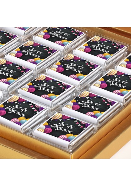 Doğum Günü Hediyesi 32 Adet Madlen Çikolata Gold Kutu - Renkli Balonlu fiyatları