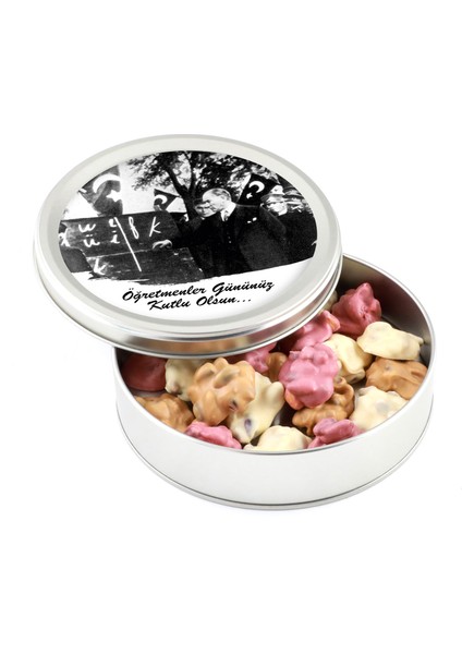Öğretmenler Günü Hediyesi Karışık Antep Fıstıklı Roş Çikolata (Metal Yuvarlak Kutu)