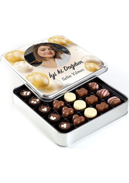 Fotoğraflı Doğum Günü Hediyesi Special Çikolata (Metal Kutu) - Gold Balonlu