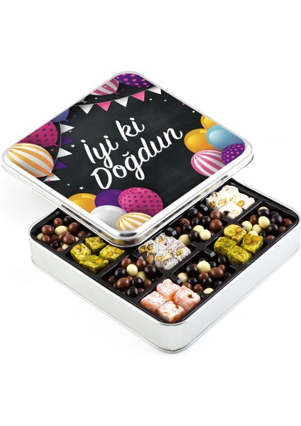Doğum Günü Hediyesi Kahve Draje + Çifte Kavrulmuş Lokum (Metal Kutu) - Renkli Balonlu