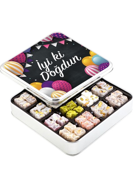 Doğum Günü Hediyesi Karışık Çifte Kavrulmuş Lokum (Metal Kutu) - Renkli Balonlu