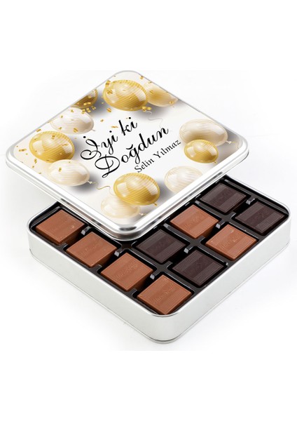 Doğum Günü Hediyesi 64 Adet Madlen Çikolata (Metal Kutu) - Gold Balonlu