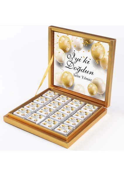 Doğum Günü Hediyesi 32 Adet Madlen Çikolata Gold Kutu - Gold Balonlu