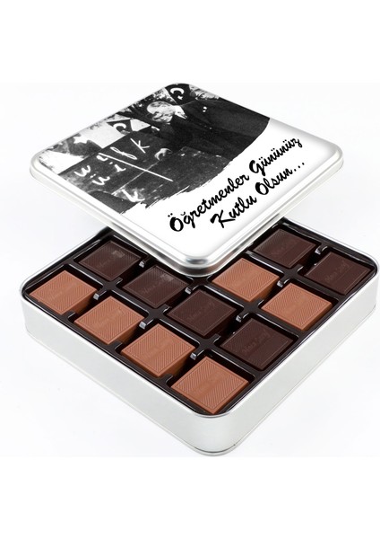 Öğretmenler Günü Sütlü Bitter 64 Adet Madlen Çikolata (Metal Kutu)