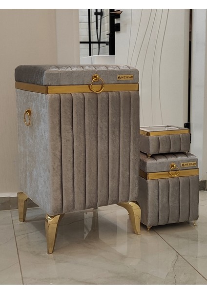 3 Parça Kare Gri Renk Altın Şeritli Modern Kadife Banyo Kirli Çamaşır Sepeti