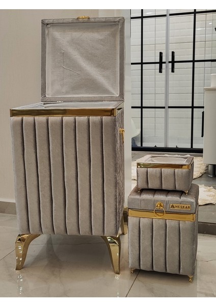 3 Parça Kare Gri Renk Altın Şeritli Modern Kadife Banyo Kirli Çamaşır Sepeti fiyatları