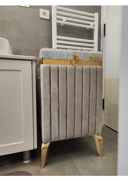 Kare Tip Gri Renk Altın Şeritli Lüks Kadife Banyo Kirli Çamaşır Sepeti