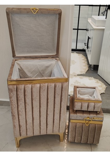 Kare Tip Kapuçino Renk Altın Şeritli Lüks Kadife Banyo Kirli Çamaşır Sepeti fiyatları
