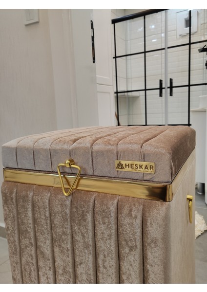 Kare Tip Kapuçino Renk Altın Şeritli Lüks Kadife Banyo Kirli Çamaşır Sepeti modelleri