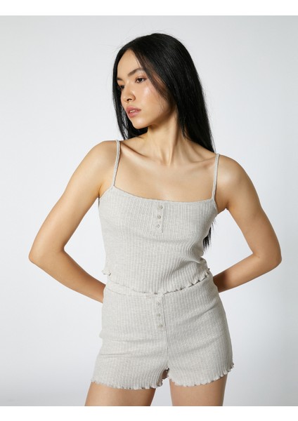 Askılı Pijama Üstü Crop Düğmeli Fitilli
