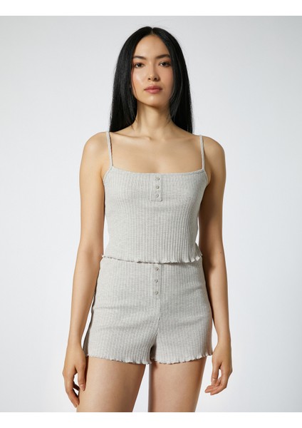 Askılı Pijama Üstü Crop Düğmeli Fitilli