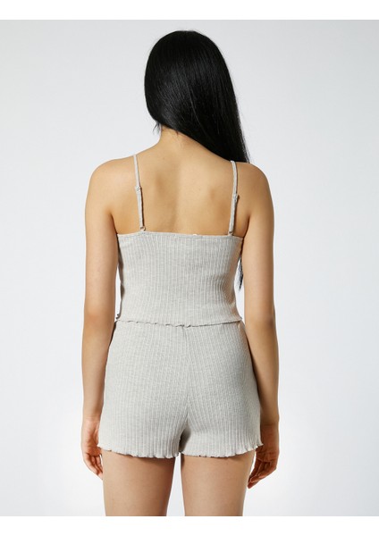 Askılı Pijama Üstü Crop Düğmeli Fitilli