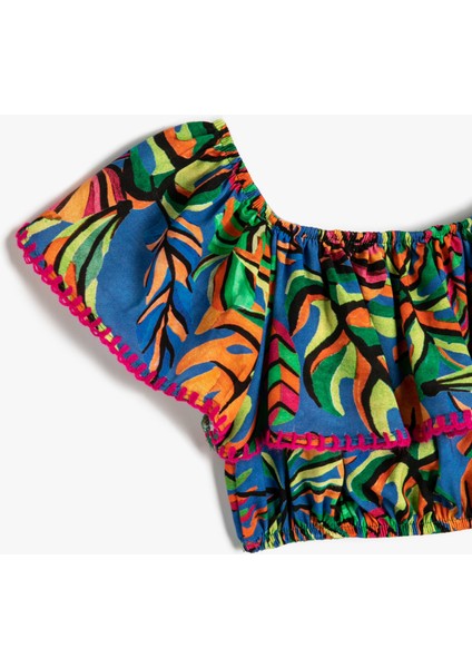 Crop Bluz Kolsuz Açık Omuz Fırfırlı Floral Desenli modelleri