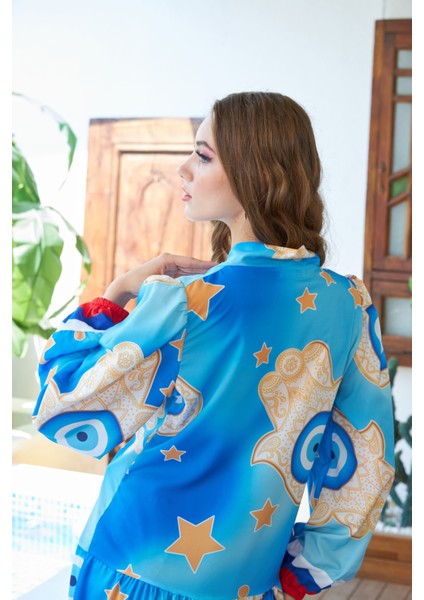 Nazar Boncuğu Detaylı Düğmeli Kalın Şifon Kimono