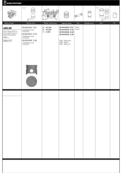 Pıston Segman 80MM -Std O.20MM Kısa  Rıken Segmanlı  Kangoo 1.9 D F8Q. 630/632/662 Engıne Kıngpıston 18-8050920-20 Oem