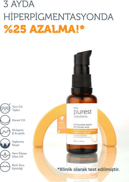 The Purest Solutions, C Vitamini Aydınlatıcı ve Ton Eşitleyici Cilt Bakım Serumu 30 ml (%10 Ascorbic Acid & Ferulic Acid %0,5)