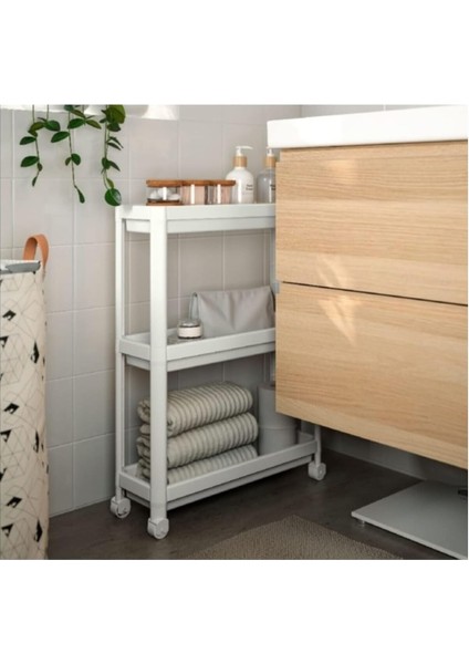 3 Katlı Tekerlekli Raf Ünitesi, Beyaz