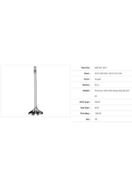 Subap Egzoz Renault Premium 420 Midr/Kerax 623.56 24v 38kx8sx185.5bx45a 12adet Wax 665 E01 3311 Oem