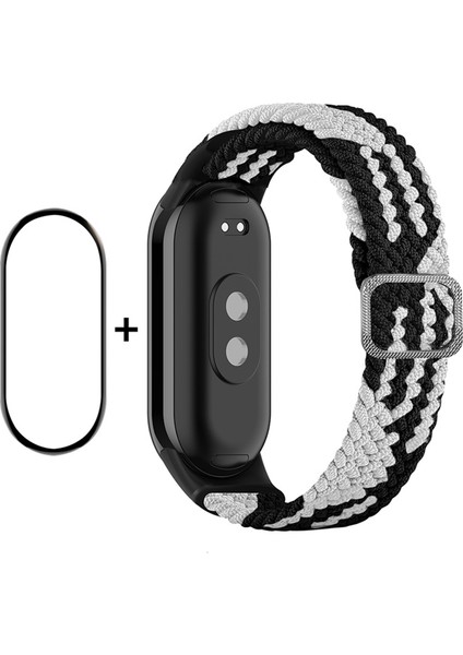 Xiaomi Smart Band 8 Elastik Saat Bandı Naylon Örgülü Bilek Kayışı Pmma Ekran Koruyucusu - Siyah / Beyaz (Yurt Dışından)