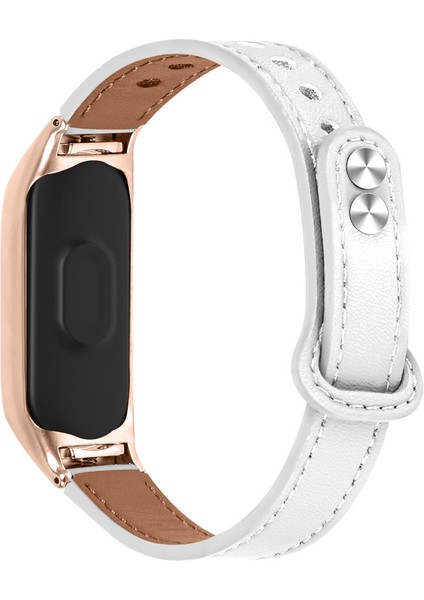 Xiaomi Mi Band 5/6 Akıllı Saat Üst Kat Üst Katlı Inek Kılıf Strap Yedek Bilek Bandı Çift Perçin Gül Altın Watchme Kılıfı - Beyaz (Yurt Dışından)