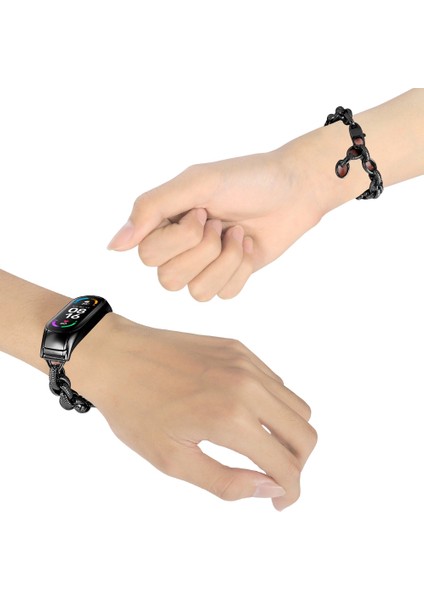 Xiaomi Mi Band 3/4 Akıllı Saat Band Kovboy Zinciri Metal Bilezik Out Dalga Bilek Kayışı - Siyah (Yurt Dışından)