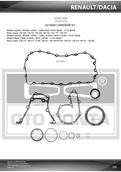 Motor Alt Takım Conta Skt Kecelı Megane Laguna Scenıc 2.0 16V F4R F4P Otoconta 42457304 Oem - 7701477218|7701471360|7701473137