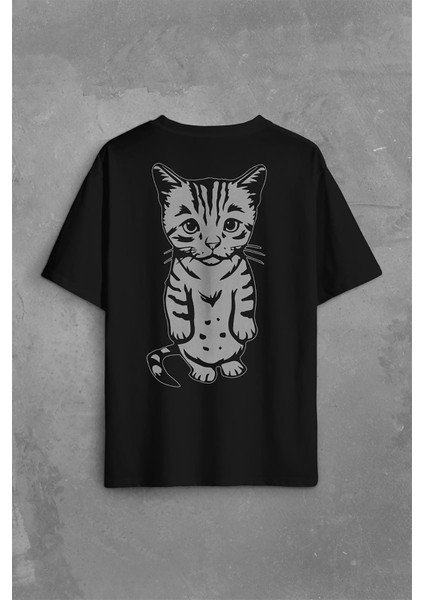 Sevimli Minik Patili Bıyıklı Cat Minnoş Mahçup Üzgün Kedi Sırt Ön Baskılı Oversize Tişört T-Shirt