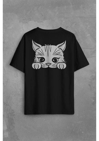 Sevimli Kedi Minik Patili Bıyıklı Cat Minnoş Sırt Ön Baskılı Oversize Tişört T-Shirt