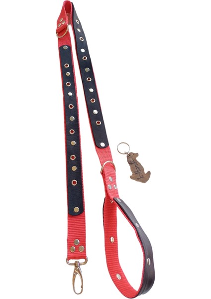 Köpek gezdirme tasması hakiki deri siyah kırmızı kolon zımbalı uzunluk:120cm genişlik:3cm dog leash B5-8