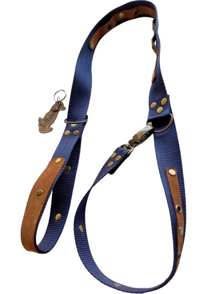 Köpek gezdirme tasması kolon nubuk deri lacivert taba rengi zımbalı uzunluk:120cm genişlik:3cm dog leash B5-5