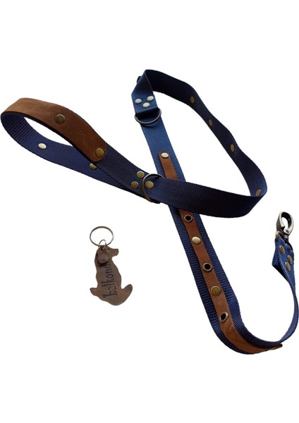 Köpek gezdirme tasması kolon nubuk deri lacivert taba rengi zımbalı uzunluk:120cm genişlik:3cm dog leash B5-5