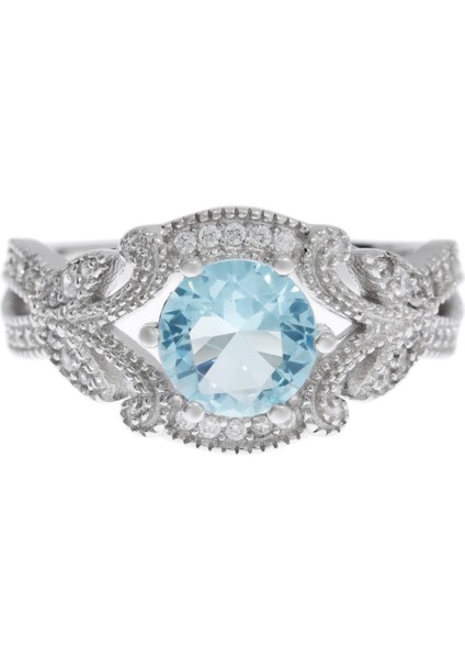 Kadın Çiçek Desen Mavi Taş Detay Gümüş Yüzük