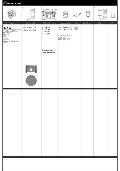 Pıston Kıtı 1 79.5 Std Renault Megane Iı 1.6 16 V Sedan Mega K4M 760-761 Kıngpıston 18-8010700 Oem