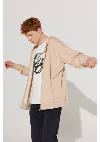 ALTINYILDIZ CLASSICS Erkek Sütlü Kahve Oversize Fit Bol Kesim Kapüşonlu Yaka %100 Pamuk Fermuarlı Sweatshirt