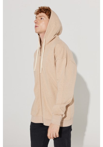 ALTINYILDIZ CLASSICS Erkek Sütlü Kahve Oversize Fit Bol Kesim Kapüşonlu Yaka %100 Pamuk Fermuarlı Sweatshirt